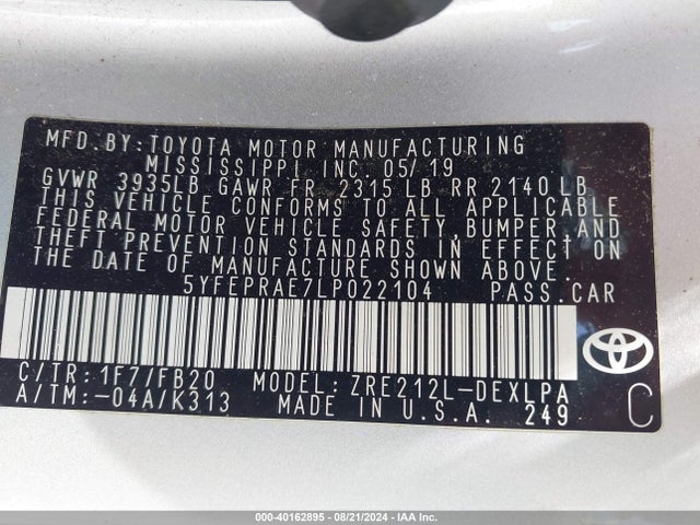 Toyota COROLLA LE 2020 5YFEPRAE7LP022104 Image 9