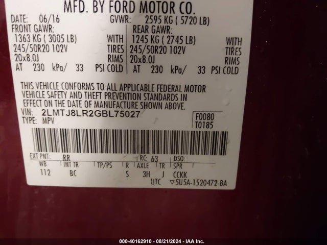 Lincoln Mkx Reserve 2016 2LMTJ8LR2GBL75027 Image 9