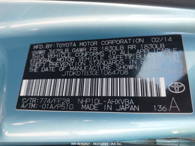 JTDKDTB30E1064708 Toyota Prius C Two