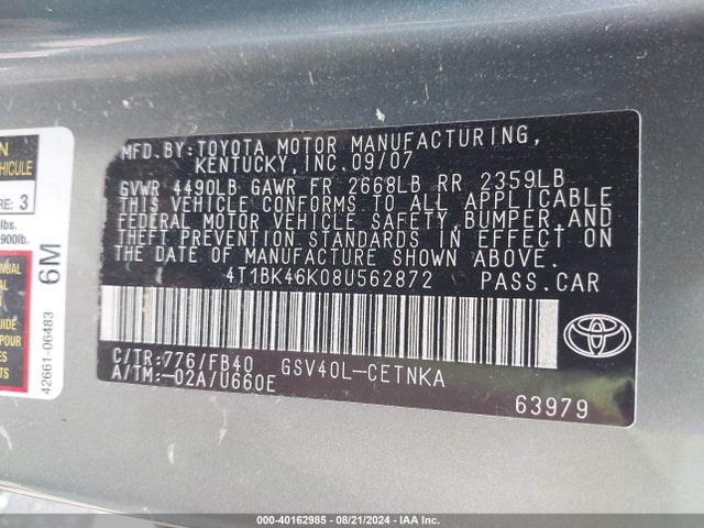 Продаж на аукціоні авто 2008 Toyota Camry Le V6, vin: 4T1BK46K08U562872, номер лоту: 40162985
