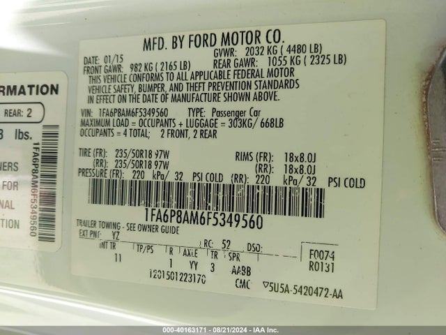 Ford Mustang V6 2015 1FA6P8AM6F5349560 Image 9
