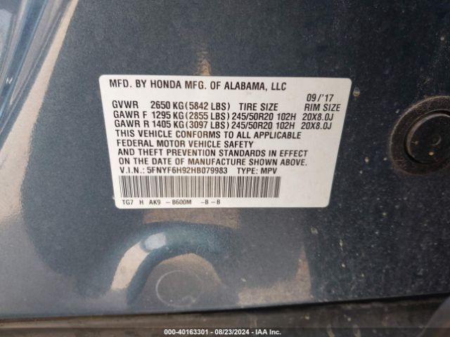 5FNYF6H92HB079983 Honda Pilot Touring