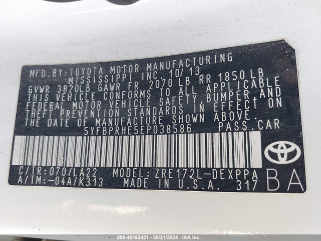 Toyota Corolla Le Eco Premium 2014 5YFBPRHE5EP038586 Image 9