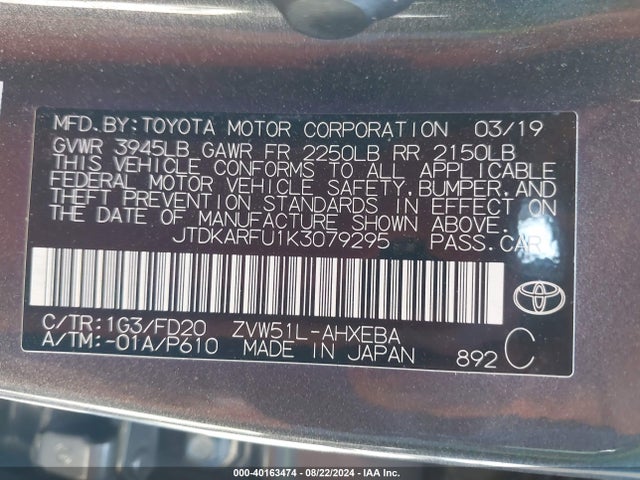 Toyota Prius Le 2019 JTDKARFU1K3079295 Image 9