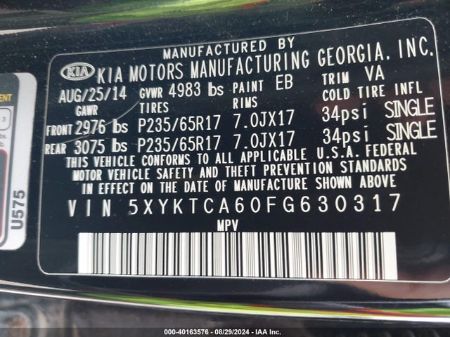 5XYKTCA60FG630317 KIA SORENTO LX