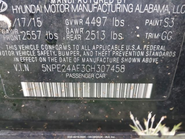 2016 HYUNDAI SONATA 5NPE24AF3GH307458 Photo 8