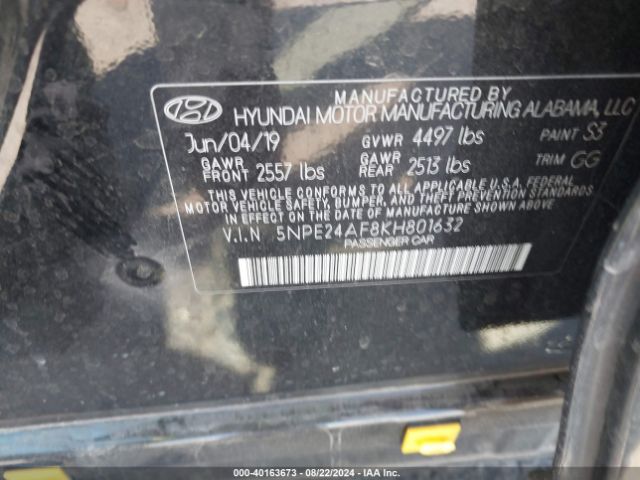 5NPE24AF8KH801632 Hyundai SONATA SE