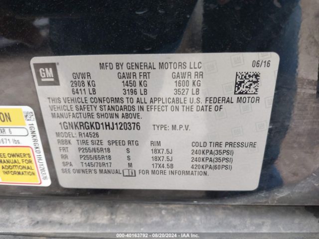 1GNKRGKD1HJ120376 Chevrolet Traverse 1lt