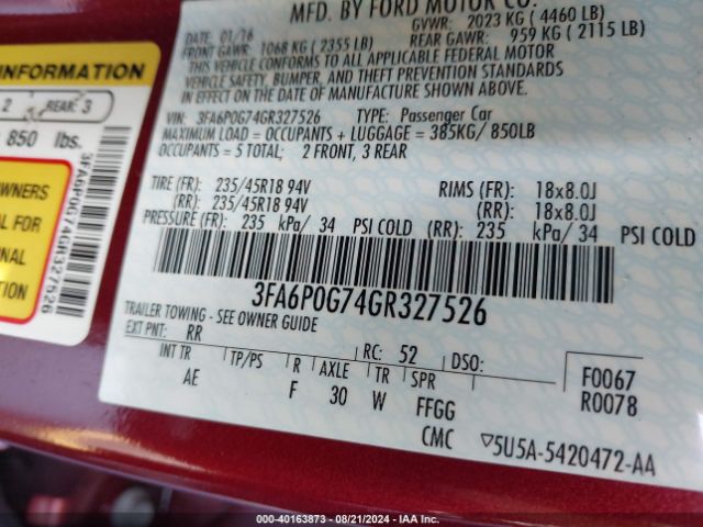 3FA6P0G74GR327526 Ford FUSION S