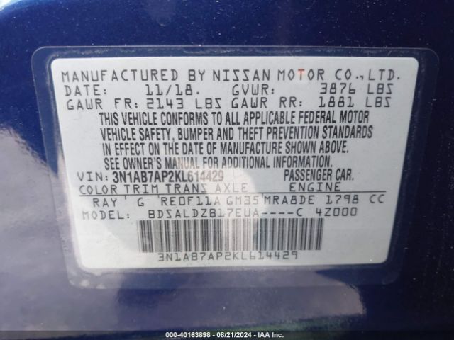 3N1AB7AP2KL614429 Nissan SENTRA SV