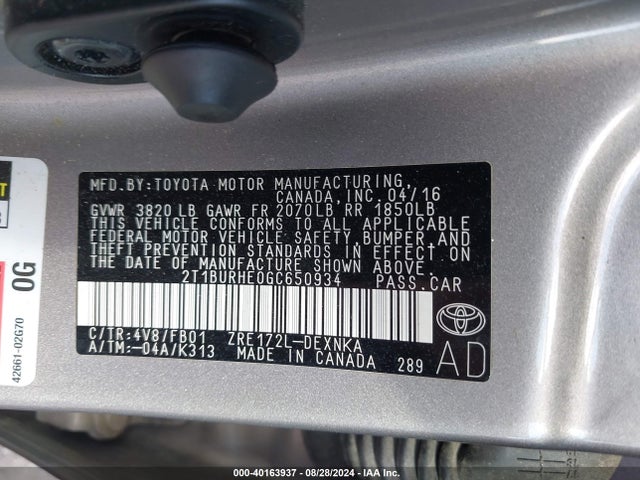 Toyota COROLLA LE 2016 2T1BURHE0GC650934 Image 9