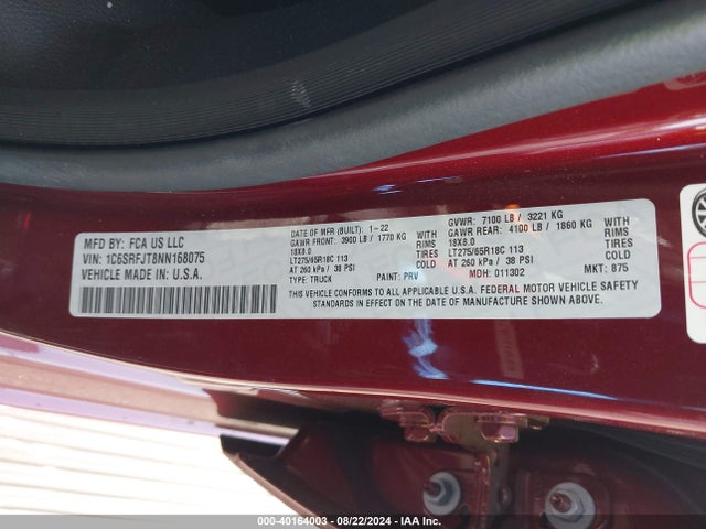 1C6SRFJT8NN168075 RAM 1500 Laramie  4x4 5'7 Box