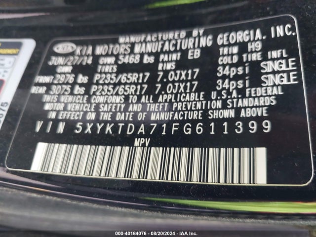 KIA Sorento Lx V6 2015 5XYKTDA71FG611399 Image 9