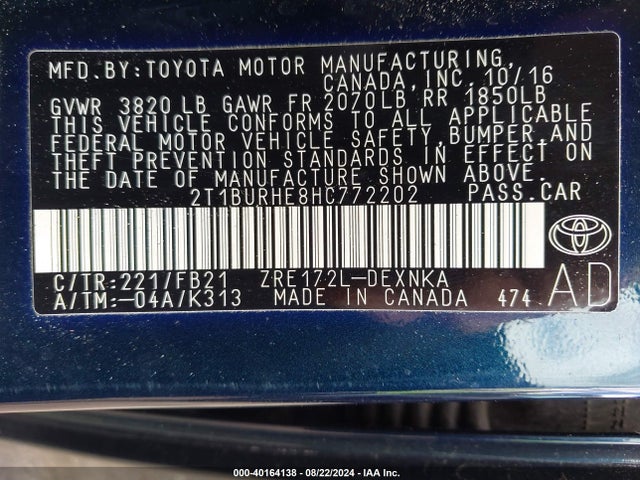 Toyota COROLLA LE 2017 2T1BURHE8HC772202 Image 9