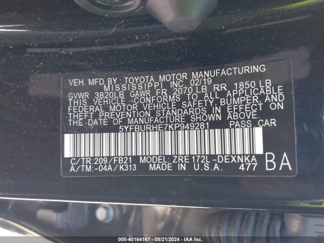 Toyota COROLLA LE 2019 5YFBURHE7KP949281 Image 9