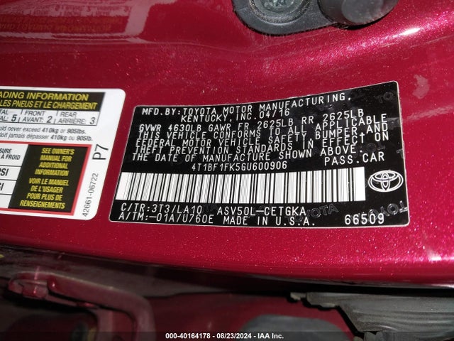 Toyota CAMRY XLE 2016 4T1BF1FK5GU600906 Image 9