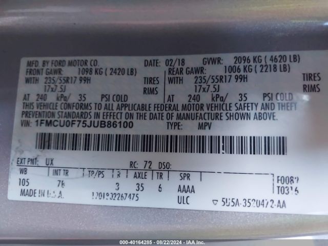 1FMCU0F75JUB86100 Ford ESCAPE S
