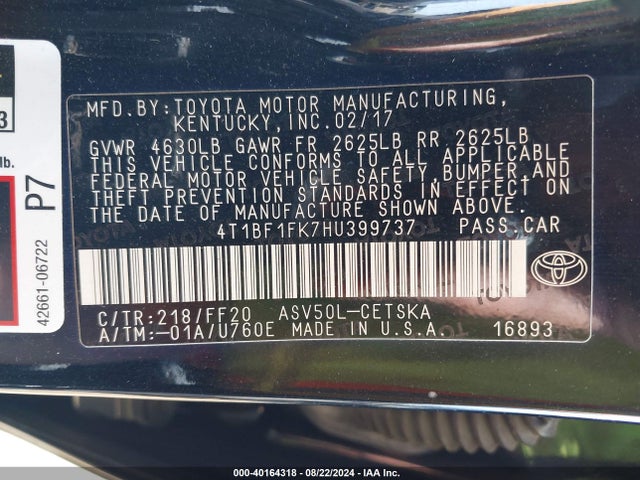 Toyota CAMRY SE 2017 4T1BF1FK7HU399737 Image 9