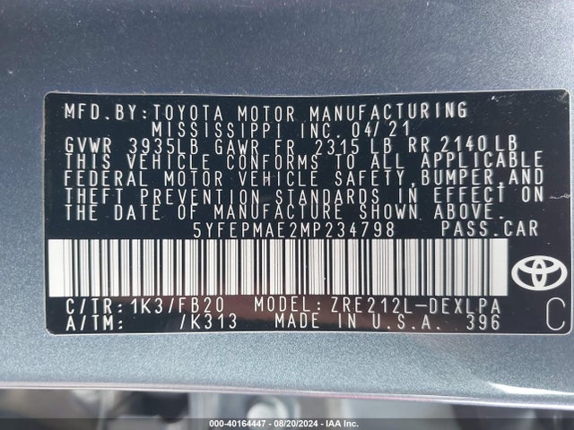 Toyota COROLLA LE 2021 5YFEPMAE2MP234798 Image 9