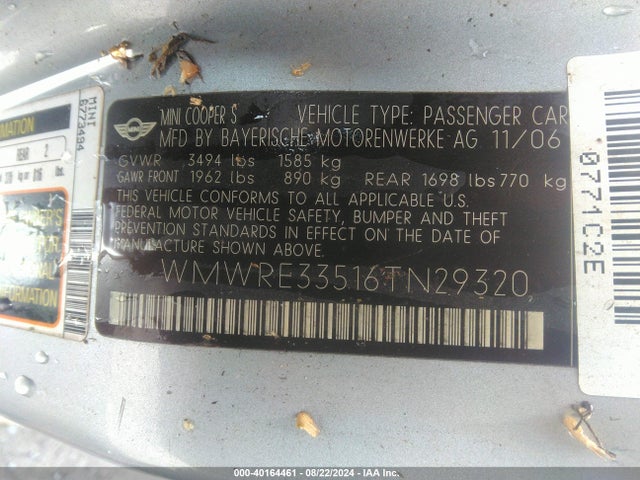 2006 MINI COOPER S WMWRE33516TN29320 Photo 8
