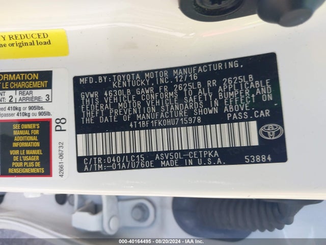 Toyota CAMRY XSE 2017 4T1BF1FK0HU715978 Image 9