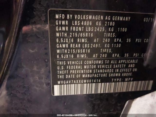 WVGAV7AXXGW601414 Volkswagen TIGUAN S