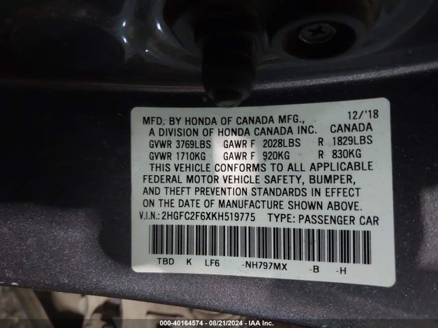 Honda Civic Lx 2019 2HGFC2F6XKH519775 Image 9