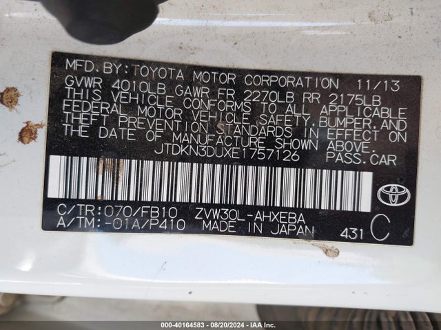 JTDKN3DUXE1757126 Toyota Prius Three