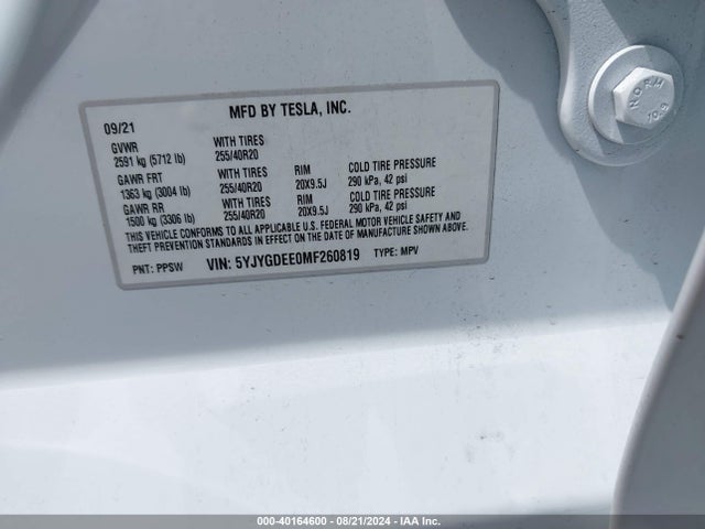 2021 TESLA MODEL Y 5YJYGDEE0MF260819 Photo 8