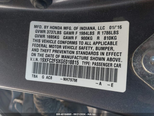 Honda Civic Lx 2016 19XFC2F5XGE018815 Image 9