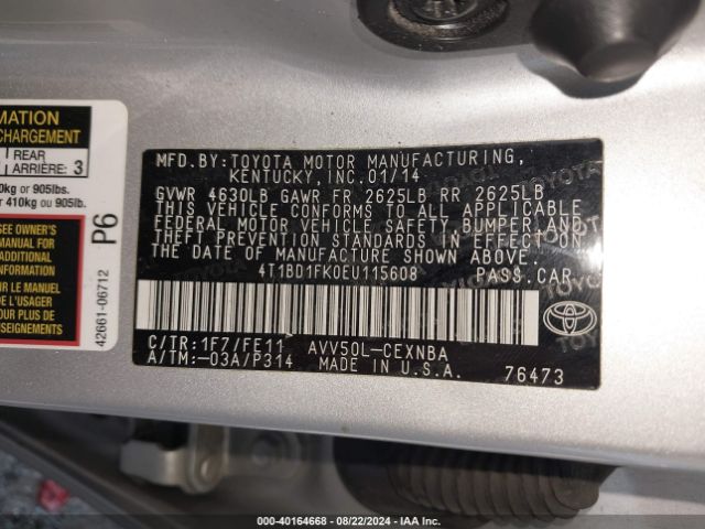 4T1BD1FK0EU115608 Toyota Camry Hybrid Le