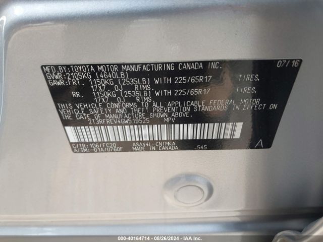 2T3RFREV4GW519525 Toyota Rav4 Xle