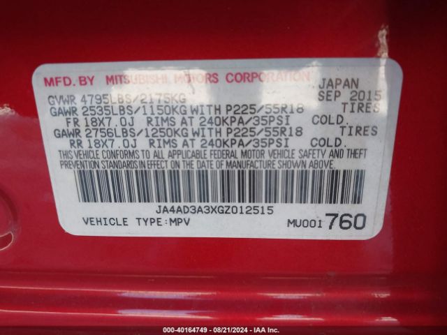 JA4AD3A3XGZ012515 Mitsubishi Outlander Sel