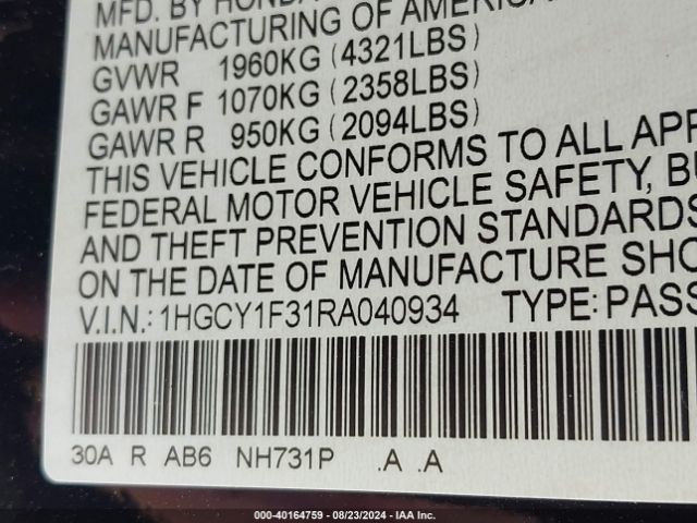 1HGCY1F31RA040934 Honda ACCORD EX