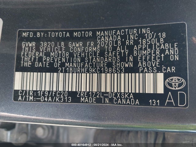Toyota COROLLA SE 2019 2T1BURHE9KC198653 Image 9