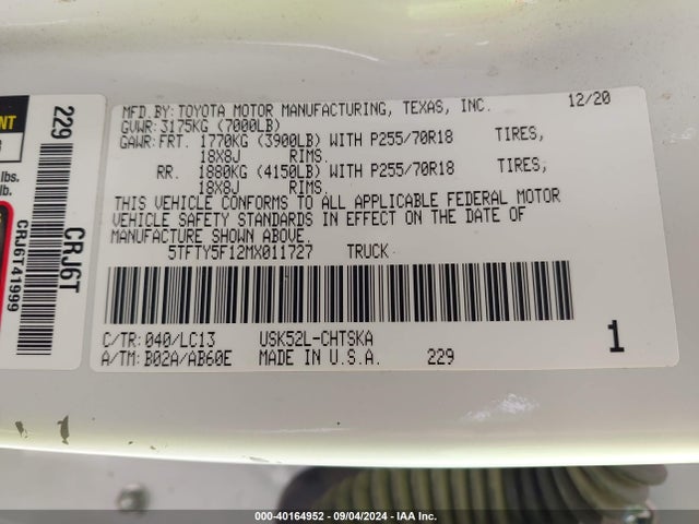 Toyota Tundra Sr 2021 5TFTY5F12MX011727 Image 9