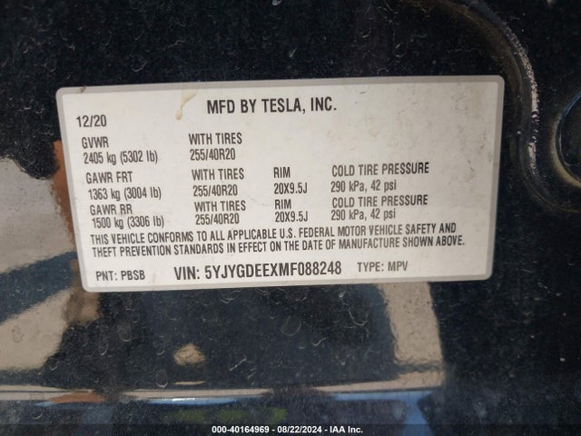 2021 TESLA MODEL Y 5YJYGDEEXMF088248 Photo 8