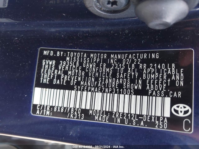 Toyota COROLLA LE 2022 5YFEPMAE7NP311005 Image 9