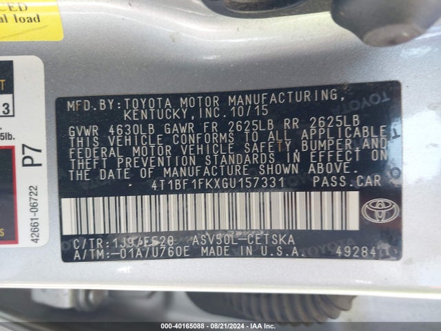Toyota CAMRY SE 2016 4T1BF1FKXGU157331 Image 9