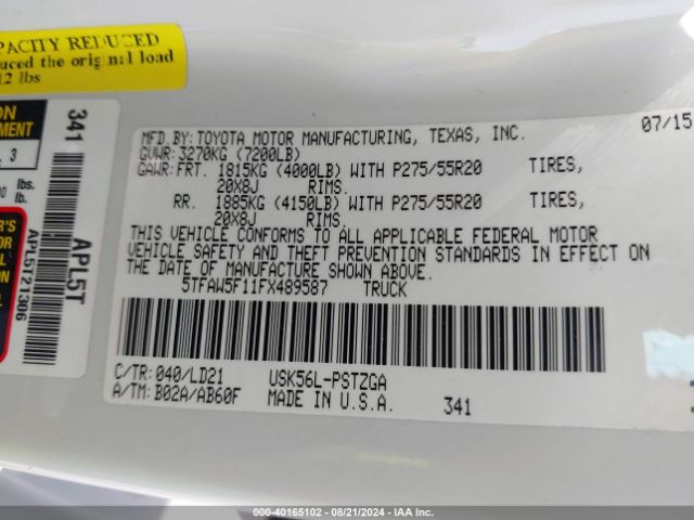 5TFAW5F11FX489587 Toyota Tundra 1794 5.7l V8