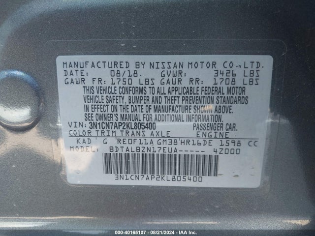 Nissan Versa 1.6 Sv 2019 3N1CN7AP2KL805400 Image 9