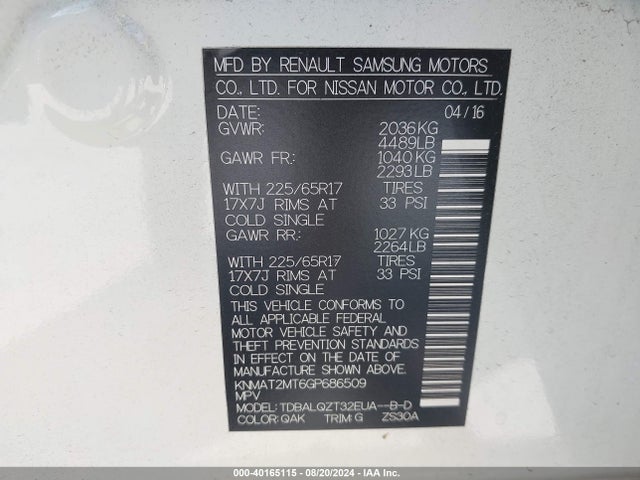 Nissan ROGUE SV 2016 KNMAT2MT6GP686509 Image 9