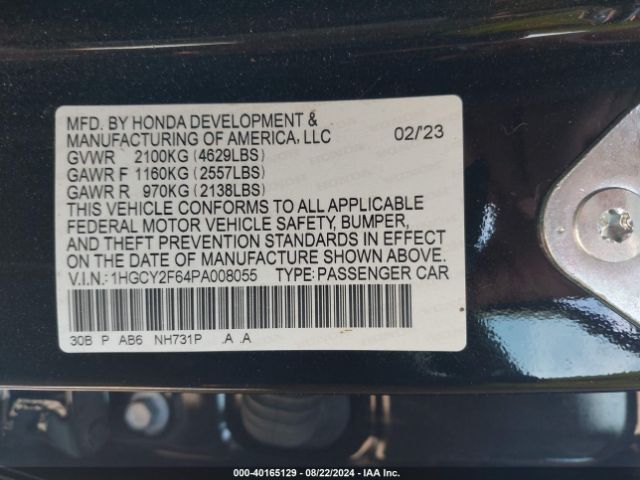 1HGCY2F64PA008055 Honda Accord Hybrid Ex-l