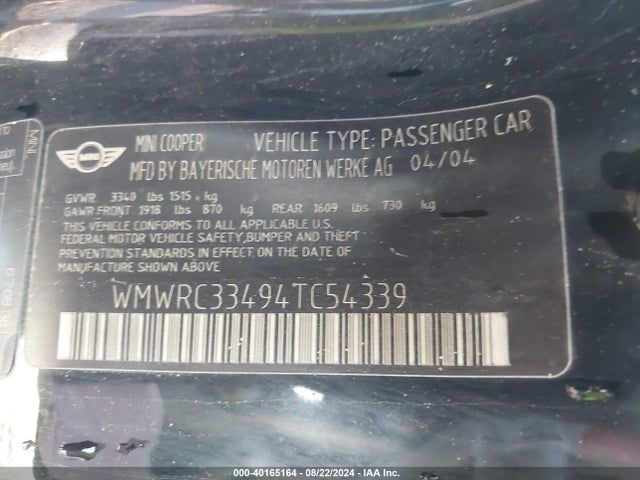 2004 MINI COOPER WMWRC33494TC54339 Photo 8