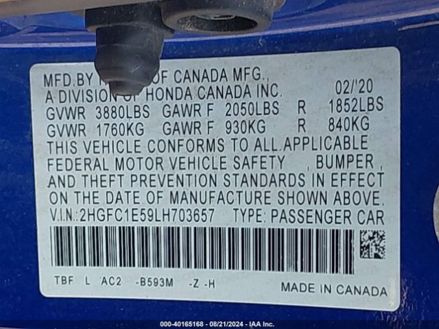 2HGFC1E59LH703657 Honda CIVIC SI SEDAN