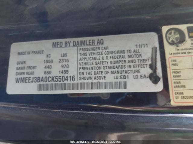 Aukcja sprzedaży 2012 Smart Fortwo Passion/pure, vin: WMEEJ3BA0CK550416, numer aukcji: 40165176