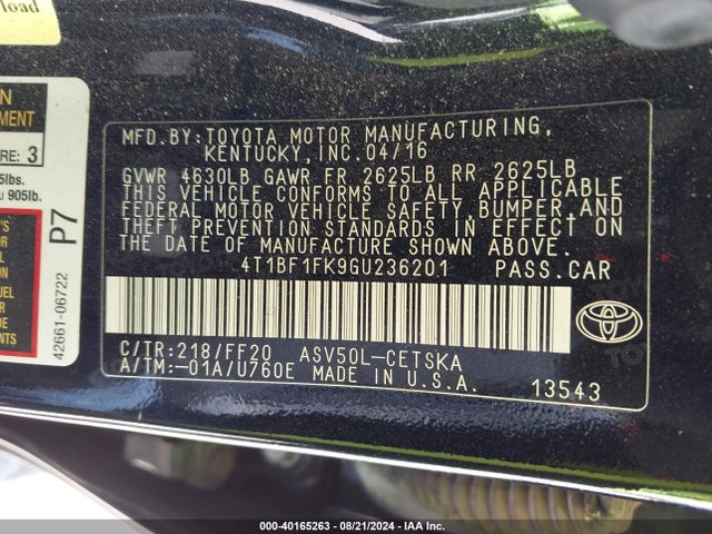 Toyota CAMRY SE 2016 4T1BF1FK9GU236201 Image 9