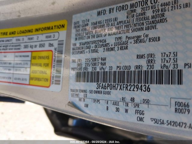 3FA6P0H7XFR229436 Ford FUSION SE