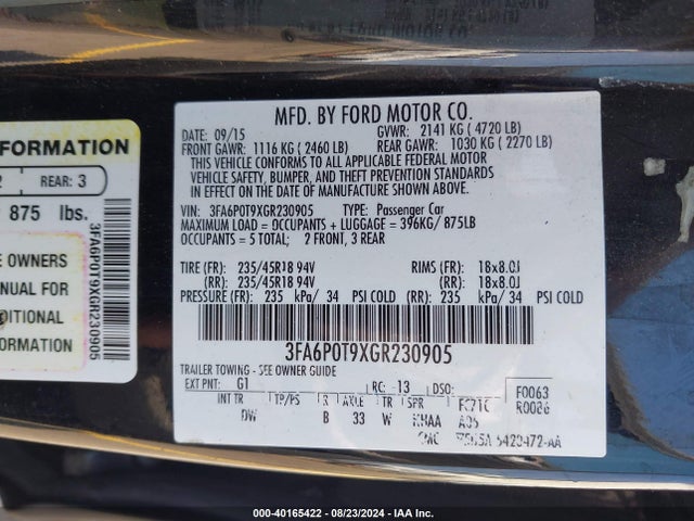 3FA6P0T9XGR230905 Ford FUSION SE