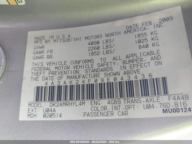 2009 MITSUBISHI ECLIPSE 4A3AK24F09E043436 Photo 8